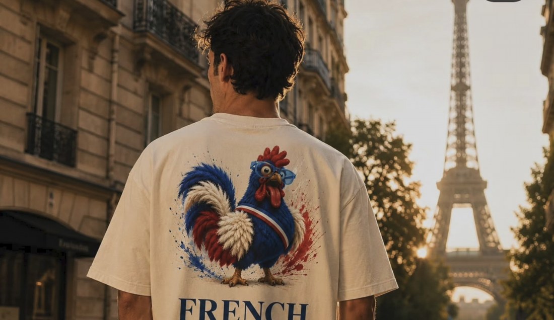 Tee-shirt Crazy Tongue French Attitude, coq tricolore, porté devant la tour Eiffel